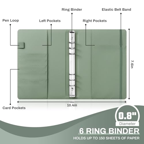Ovesmusl PU Leather Aesthetic A6 Binder 6 Ring Binder Journal Cover - color: Green, size: A6