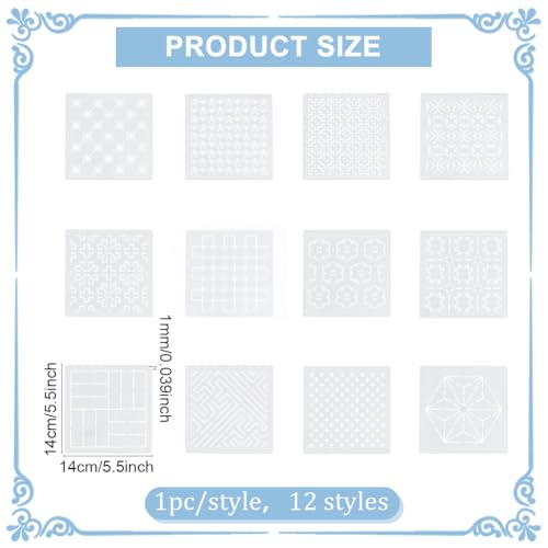 FREEBLOSS 12Pcs 5.5 * 5.5inch Plastic Sashiko Stencils Drawing Stencils Embroidery Patterns 12 Different Geometric Stencils for Embroidery Sashiko Templates for Hand Quilting - style: Geometric Lines