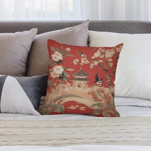 Red Oriental Vintage Chinese Floral Tower Pillow Cover Sofa Square Cushion Throw Case Home Decorative Pillowcase for Couch Bedroom 18x18 Inch