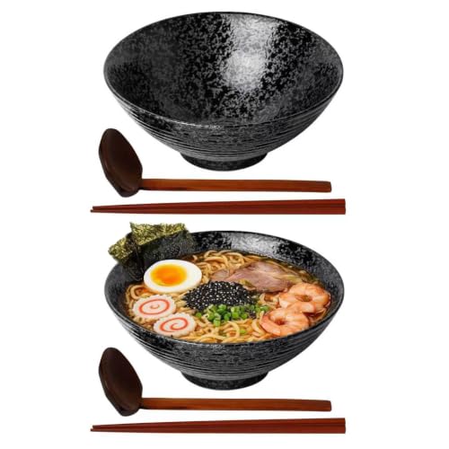 Kanwone Ceramic Japanese Ramen Bowl Set, Noodle Soup Bowls - 60 Ounce, with Matching Spoons and Chopsticks for Udon Soba Pho Asian Noodles, Set of 2, Black - color: Black, size: 9 Inch