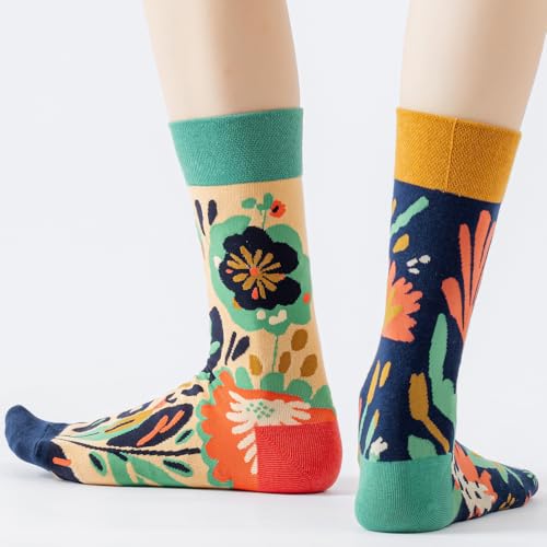 2 Pairs Cartoon Animal Crew Socks Fun Cotton Mid Calf Socks for Women - color: Florals