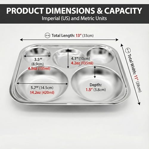 Korean Stainless Steel Divided Plates for Adults & Teens, L Size, 2-Pack - size: 5 Compartments (13x11Inch)