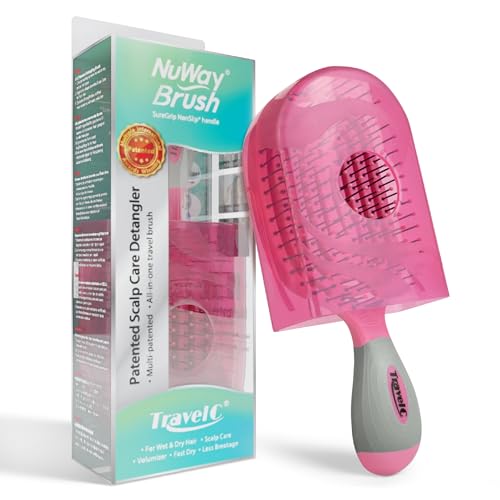 NuWay® TravelC® Scalp Care Hair Brush with Patented Travel Case – Vented Hair Brush for Scalp Massage, Blow-Dry Styling, Wet & Dry Hair, All Hair Types (Hot Pink) - color: Hot Pink