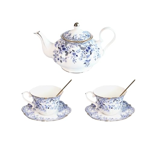 Vintage Floral Porcelain Bone China Tea Set - 1 Teapot, 2 Cups & Saucers with Gold Trim, Includes 2 Spoon, 22oz Floral Ceramic Teapot (Suitable for 1 to 3 people) (China Flower) - color: China Flower