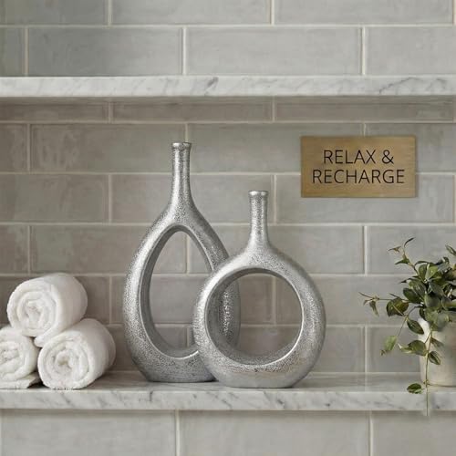 Silver Ceramic Hollow Elliptical Vase Set of 2 - Boho Circle Vase with Hole, for Modern Silver Table Decor, Living Room Decor Shelf mid Century Modern Home Entrance Decorative vase - color: Silver