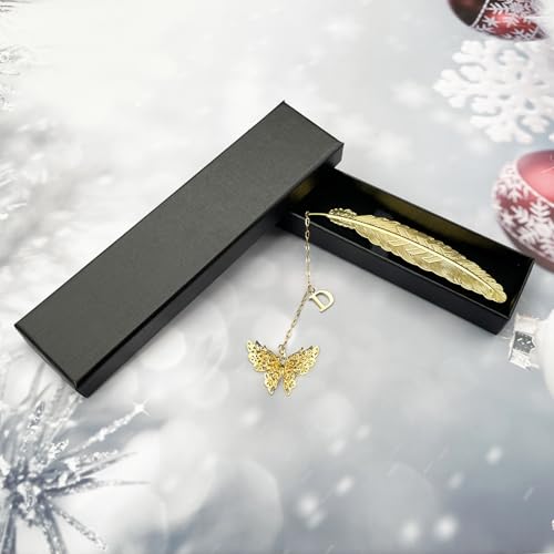 Initial Letter and Butterfly Charm Metal Feather Bookmark (Gold-D) - style: Gold-D