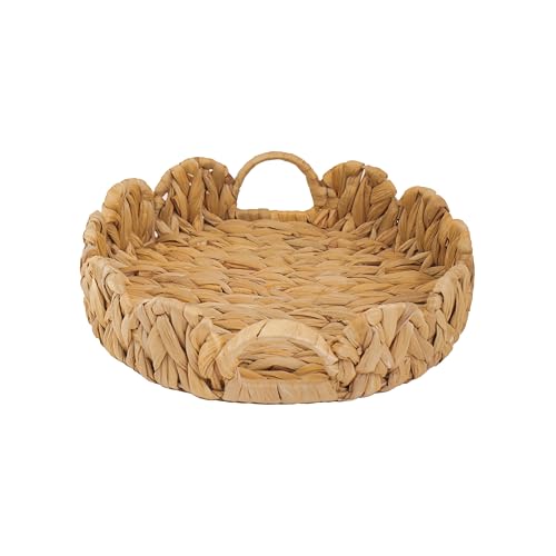 GYASVWU Water Hyacinth Scalloped Tray with Handles,Round Wicker Serving Trays for Coffee Table,Woven Tray for Ottoman Decorative and Organizer Trays (Water Hyacinth) - color: Water Hyacinth