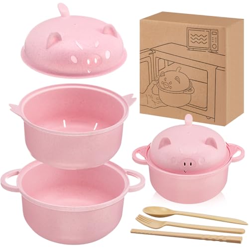 1 Set Large 45oz Cute Pig Ramen Bowl Set Microwavable Cooker, Pink - color: Pink