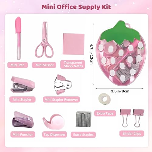 Strawberry Mini Office Supply Kit, Pink, with Stapler, Tape Dispenser, Scissors, Hole Punch, Binder Clips, Sticky Notes and Staples