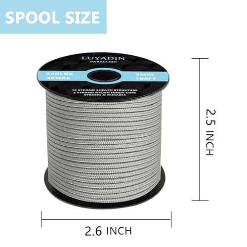 Paracord 240lb - Diameter 2mm Micro Utility Cord -3 Strand Parachute Spool Cord - 100ft 200ft,Paracord for Camping,Hiking,Fishing,Outdoor and DIY - color: Gray, size: 100 ft