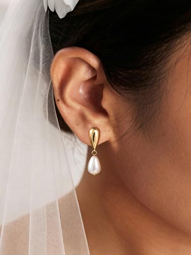 Pearl Earrings for Women,14K Gold/Silver Plated Dangle Drop Earrings - color: gold