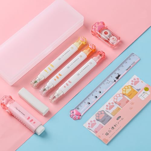 8 Pcs Cute Cat Paw Stationery Set Kawaii School Office Supplies Including Eraser Correction Tape Highlighters Sticky Notes Ruler for Cat Lovers Students (Pink) - style: Style D (Pink)