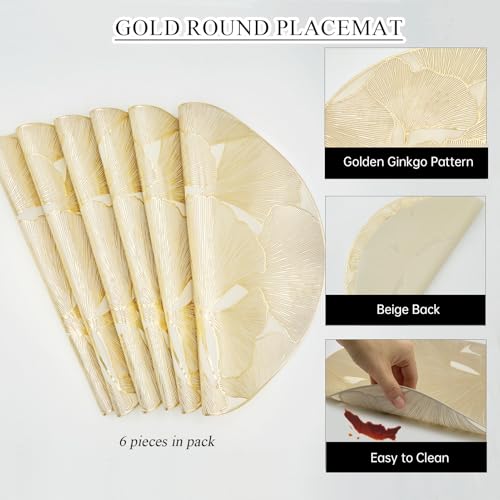Gold Round Placemats Set of 6 Metallic Pressed Vinyl Place Mats 15 Inch - color: Gold Ginkgo