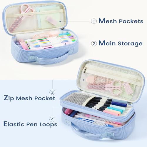Sooez Large Pencil Case Pouch, Soft Corduroy Pencil Bag with Handle - color: Blue
