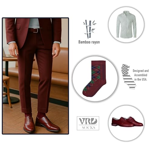 VRD Men's Dress Socks Bamboo Rayon, 5-Pack Crew Socks, Multiple Colors and Designs, Shoe Size 8-13, Gift Box - color: 09: Burgundy, 5-pack Mix (2 Solid, 1 Striped, 1 Dotted, 1 Argyle)