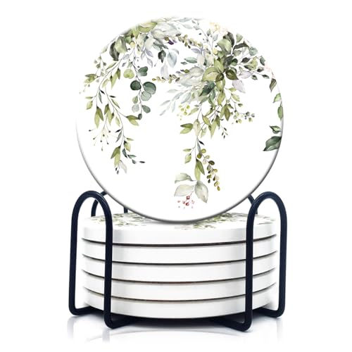 HOPONY Coasters for Drinks,6 Pieces Ceramic Stone Coaster Set with Metal Holder Stand, Cork Base,Absorbent Cups Place Mats for Home Decor Abstract Plants - color: Plants