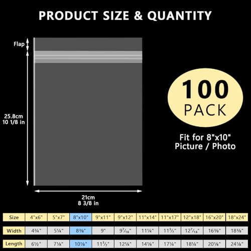 AUEAR 8"x10" Crystal Clear Plastic Sleeves Storage Bags for Picture 100 Pack - size: 8 x 10 inches
