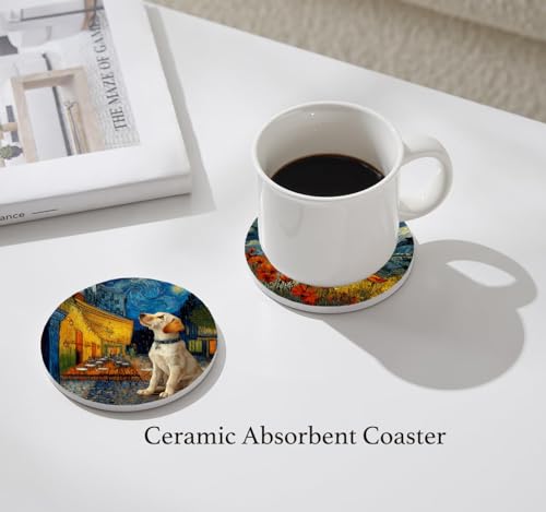 Nikyi 6 Pcs Cute Labrador Retriever Dog Ceramic Absorbent Coasters, Round Drink Coaster with Metal Holder and Cork Base, for Coffee Table Kitchen Bedroom Living Office Desk Home Decor or Gifts - color: Cute Labrador Retriever Dog