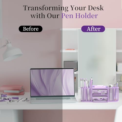 SUPEASY Mesh Desk Organizer, Pen Holder for Desk with 2 Drawers, Purple - color: Lilac Purple
