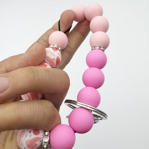 Unpafcxddyig Silicone Bead Keychain Bracelet Wristlet Key Ring - color: Rainbow Pink Rose