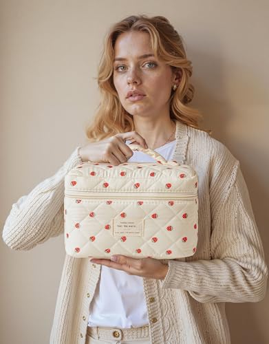 HBselect Quilted Makeup Bag, 3Pcs Cotton Large Travel Makeup Bags Organizer - color: A-3PCS-Floral 15