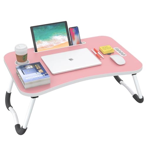 BUYIFY Folding Lap Desk, 23 Inch Portable Wood Blue Laptop Bed Desk Lap Desk with Cup Holder, for Working Reading Writing, Eating, Watching Movies for Bed Sofa Couch Floor-Pink 02 - color: Pink