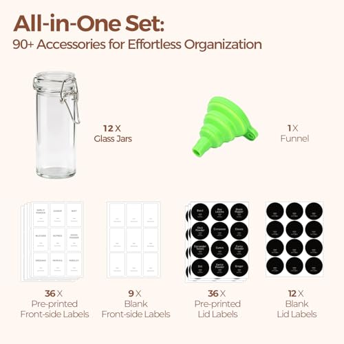 ComSaf Small Glass Spice Jars with Airtight Lids 4 oz 12 Pack with Labels - size: 4 fl oz x 12