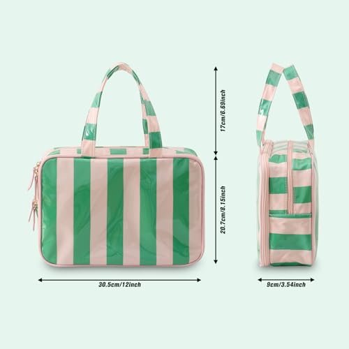 Toiletry Bag for Women, Pink and Green Stripe - color: Green-Pink