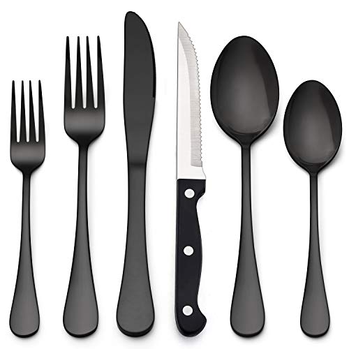 LIANYU 72-Piece Black Silverware Set with Steak Knives for 12, Stainless Steel Flatware Cutlery Set, Mirror Finish Tableware, Dishwasher Safe - color: Black