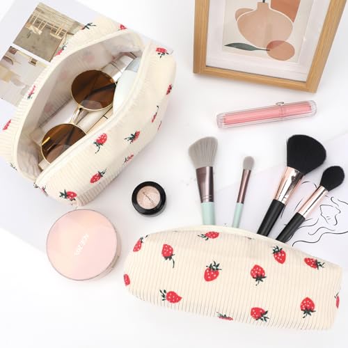 EIMMBD Makeup Bag 3 Pieces Large Capacity Cosmetic Bags Travel Toiletry Bag Organizer Cute Makeup Bag Storage for Women(Beige Strawberry) - color: Beige Strawberry