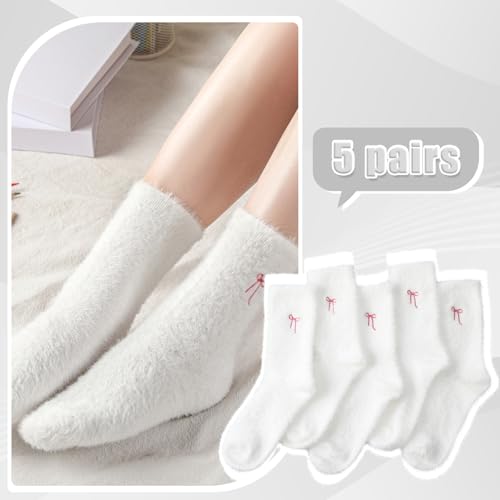 Geyoga 5 Pairs Fuzzy Bow Socks for Women Fluffy Slipper Gift - color: White