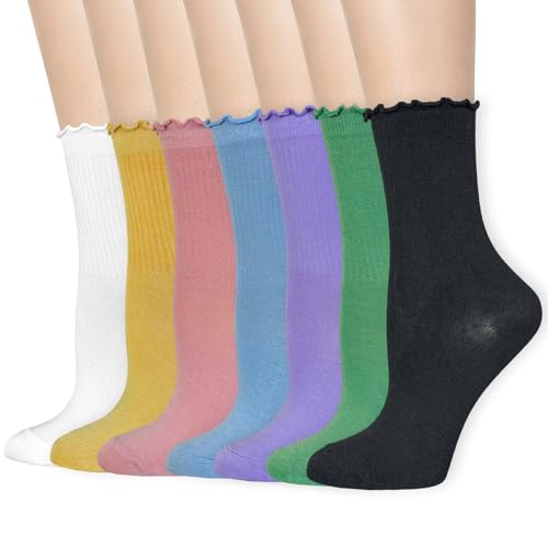 Women's Ruffle Socks Lace Cotton Casual Crew Ultra Thin Lettuce Frilly Ankle Socks Pack of 6 - color: Multicolor-003