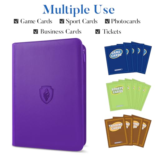 Premium Zip Card Binder, Fabmaker 9 Pocket Trading Card Binder PU Cover - color: Purple, size: 9 Pocket - 13.9" x 10.5"