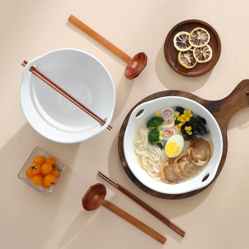 MALACASA 42 oz Ceramic Ramen Bowls with Chopsticks & Spoon, White & Khaki - color: Khaki White