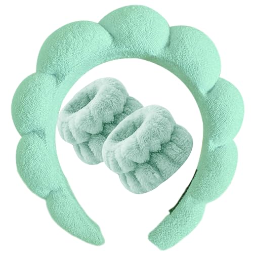 Beleki Spa Headband for Washing Face Wristband Set Makeup Skincare Face Washing Headband Sponge Terry Cloth Bubble Puffy Hairband Non Slip Headwear Hair Accessory for Women - Mint - color: Mint