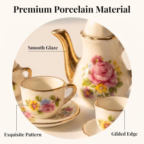Miniature Tea Set 1/6 Scale Dollhouse Accessories Porcelain, Pink - color: Pink