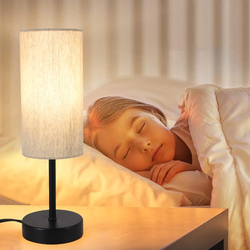 RISLG Small Table Lamp, Bedside Table Lamp for Bedroom, Lamp for Nightstand with Linen Fabric Shade, Minimalist Modern Desk Lamp for Living Room Office Dorm Kids Room - color: Beige-Black, size: 13in
