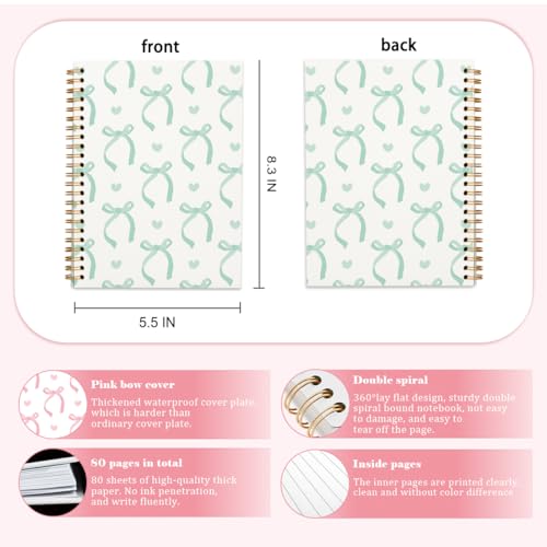 QUICQOD Cutet Green Bow Preppy Notebook Journal for Women 5.5x8.3 Inch - color: Green1