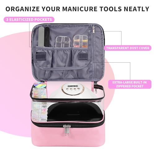 Clear Nail Polish Organizer Double layer Nail Polish Holds 30 Bottles and Nail Lamp, Nail Dryer Case Storage Supplies with Adjustable Dividers, Portable Nail Carrying Bag for Nail Tech (Pink) - color: 4.Pink
