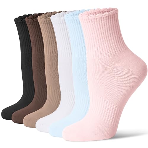 CS CELERSPORT Women's Mini Crew Ankle Socks with Scalloped Top,Pack of 6 - color: Pink+brown, size: Medium