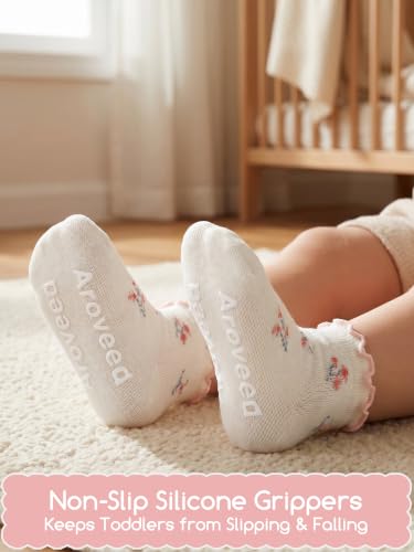 Aroveea Toddler Socks Non Slip Grip Baby Girls Kids Ankle Cute 12 Pack - color: Cream Ruffle, size: 3-5T