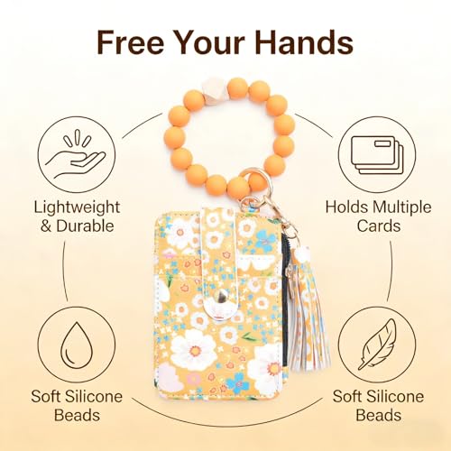 Flower Keychain Wristlet Wallet for Women, Cute Silicone Beaded Credit Card Holder Key Ring Bracelet Wallet - color: D-yellow