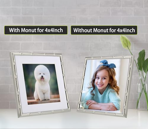 YiPinYin 6x6'' Bamboo Detail Sqaure Silver Metal Picture Frame With Mat for 4x4'' Set of 2, Narrow Silver Plated Photo Frames 4x4'' With Soft Velvet Backing for Desktop and Wall Décor(Silver) - color: Silver, size: 6x6 Mat 4x4 2PK