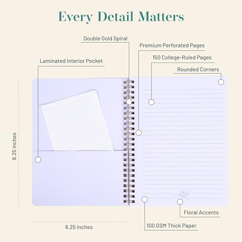 Happy Hoos® Aesthetic Spiral Notebook - 6.25" x 8.25" College Ruled Journal Notebook - Hard Cover Writing Journal for Work, School, Travel, More - Floral Notebook 8 Seasonal Designs (Spring Meadow) - color: Spring Meadow
