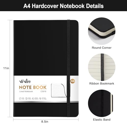 ViVin A4 Hardcover Lined Notebook,8.5x11 192 pg College Ruled Leather - color: Black, size: A4
