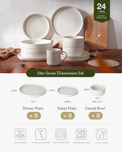Famiware Star Stoneware Dinnerware Sets for 8, Reactive Glaze Plates, Bowls - color: Matte White
