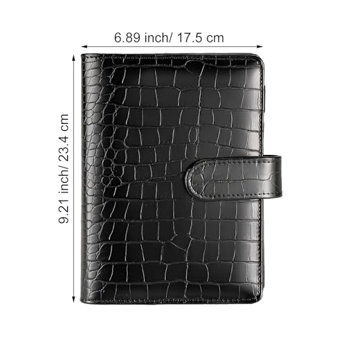 A5 6 Ring Binder Cover Crocodile - Large PU Leather Notebook Binder with Hidden Snap Buckle, Refillable Budget Planner, Black - color: Black, size: A5