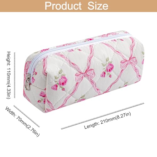 Cute Floral Cotton Makeup Brush Cosmetic Bag for Women, Travel Quilted Zipper Make Up Bag, Flowers Toiletry Organizer Case Kawaii Makeup Cosmetic Travel Cloth Pouch (Pink Bowknot+Blue Bowknot) - color: Two Pack: (Pink Bowknot+Blue Bowknot)