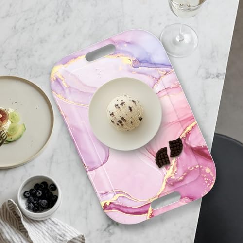 Serving Trays with Handles, 14.5 x 9.8 inch Rectangular Plastic Tray for Restaurant, Kitchen, Painting of Pink and Gold Marble - color: Painting of Pink and Gold Marble