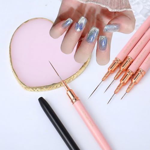 5 Pcs Metallic Nail Art Brushes Liner Brushes Set with Nail Art Mixing Palette Nails Dotting Drawing Tool for Long Lines Thin Detail Fine Liner Brush UV Gel Polish Painting Nails Design 4/8/12/20/25mm - color: Pink